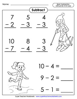 Basic Subtraction Facts (Minuends 10 and Less): Winter Sports Worksheet