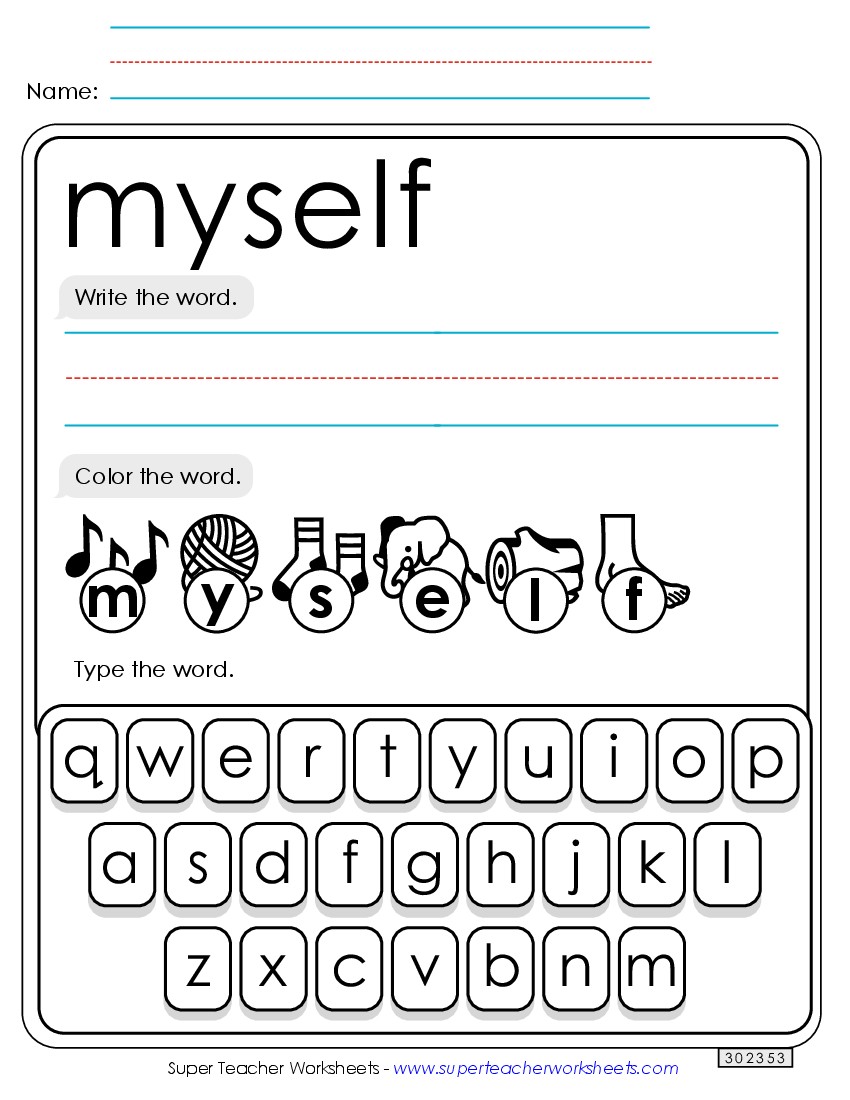 Write, Color, Type: Myself Sight Words Individual Worksheet