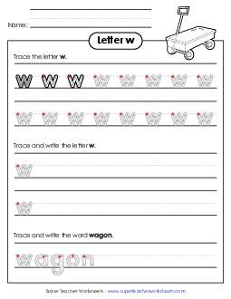 Lowercase w (Outlined Letters) Printing Handwriting Worksheet