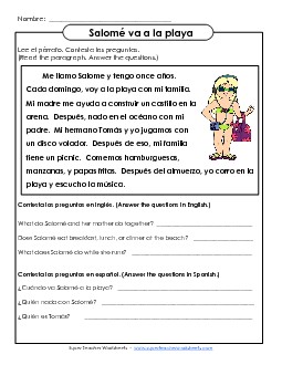 Salomé va a la playa Spanish Worksheet