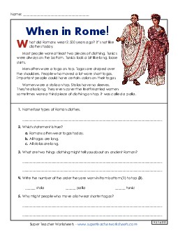 Ancient Roman Clothing (Short Reading Comp) 3rd Grade Reading Comprehension Reading Comp Short Worksheet