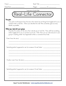 Literature Circles : Real-Life Connector Reading Worksheet