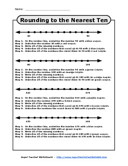 Rounding to the Nearest Ten - Number Line 2 Worksheet