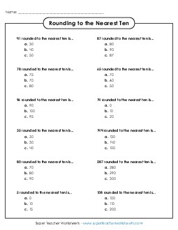 Rounding to the Nearest Ten - Multiple Choice Worksheet