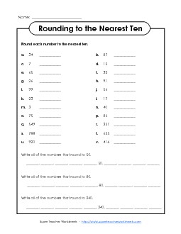 Rounding to the Nearest Ten Worksheet