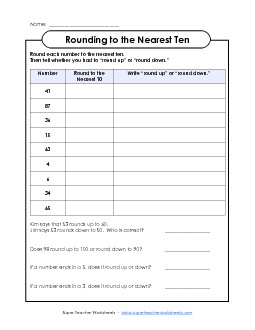 Rounding to the Nearest Ten - Table Free Worksheet