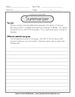 Literature Circles : Summarizer Free Reading Worksheet