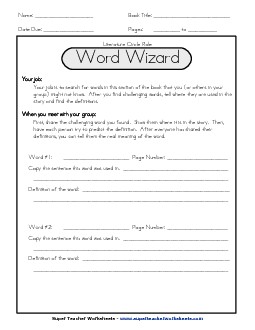 Literature Circles : Word Wizard Reading Worksheet