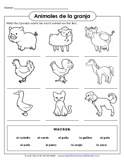 Write the Word: Farm Animals Spanish Worksheet