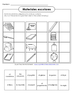 Cut-and-Glue: School Supplies Spanish Worksheet