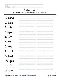 List 9: Word List Spelling Worksheet