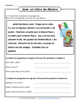 José, Un Chico de México Spanish Worksheet