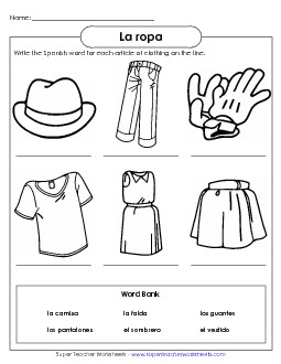 Write the Word: Clothing Spanish Worksheet