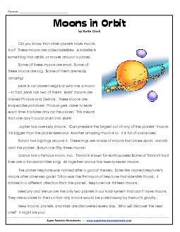 Moons Article & Questions 3rd Grade Reading Comprehension Worksheet