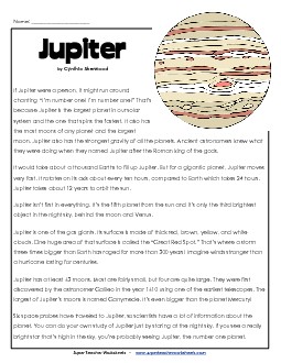 Jupiter Article & Questions Space Worksheet