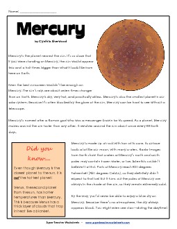 Mercury Article & Questions Free Space Worksheet