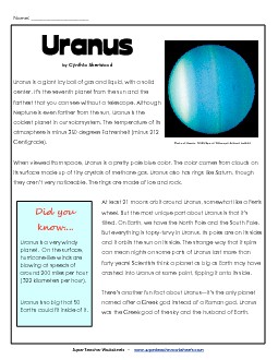 Uranus Article & Questions Space Worksheet