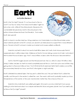 Earth Article & Questions Space Worksheet