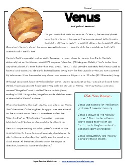 Venus Article & Questions Space Worksheet