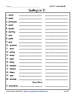 List 21: Word List Spelling Worksheet