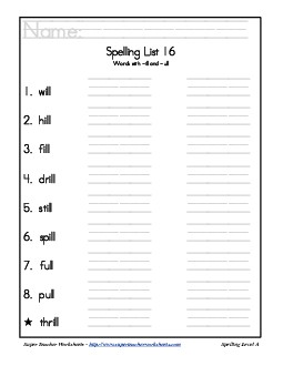 List 16: Word List Spelling Worksheet