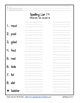 List 14: Word List Spelling Worksheet