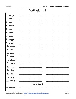 List 11: Word List Spelling Worksheet