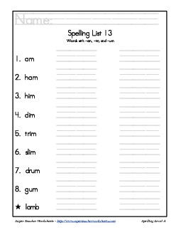 List 13: Word List Spelling Worksheet