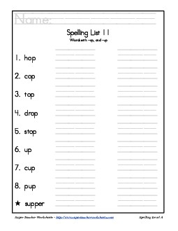 List 11: Word List Spelling Worksheet