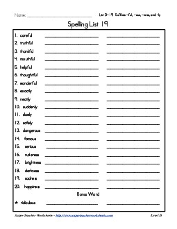 List 19: Word List Spelling Worksheet