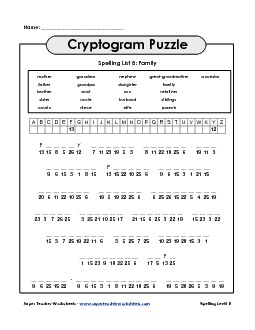 List 8: Cryptogram Puzzle Spelling Worksheet