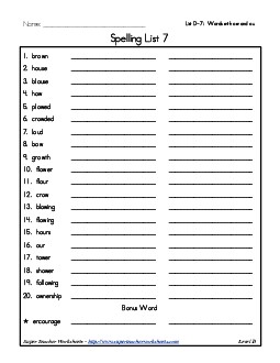 List 7: Word List Spelling Worksheet