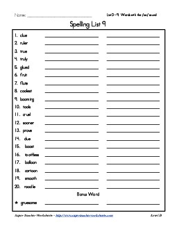 List 9: Word List Spelling Worksheet