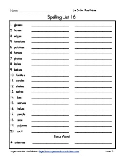 List 16: Word List Spelling Worksheet