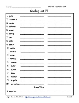 List 14: Word List Spelling Worksheet