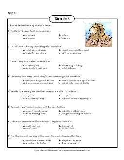 Multiple Choice Similes Similes Metaphors Worksheet