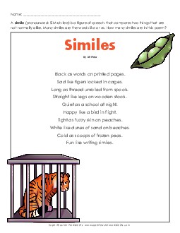 Similes (Poem) 4th Grade Reading Comprehension Worksheet