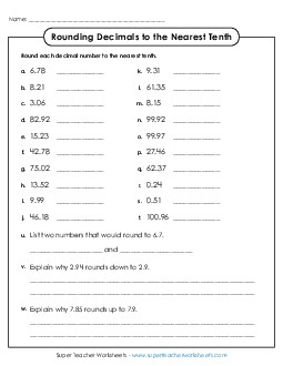 Decimal Rounding - Nearest Tenth Worksheet