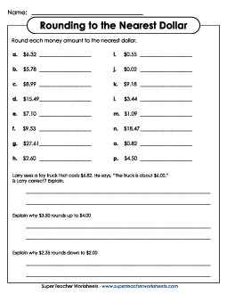 Money - Rounding to the Nearest Dollar Worksheet