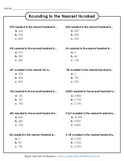 Rounding to the Nearest Hundred - Multiple Choice Worksheet