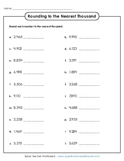 Rounding to Nearest Thousand (Drill) Worksheet