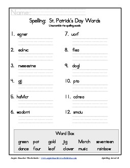 Holiday List - St. Patrick\'s Day: Unscramble Spelling Worksheet