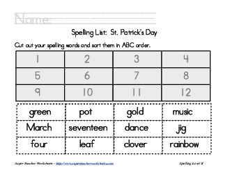 Holiday List -  St. Patrick\'s Day: ABC Order Spelling Worksheet