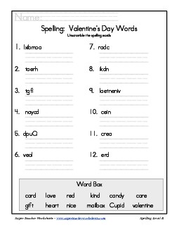 Holiday List - Valentine\'s Day: Unscramble Spelling Worksheet