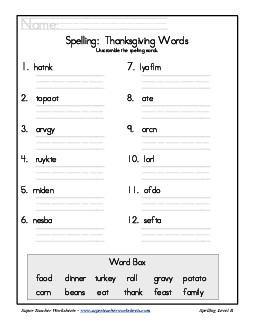 Holiday List - Thanksgiving: Unscramble Spelling Worksheet