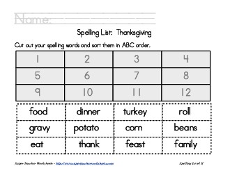 Holiday List - Thanksgiving: ABC Order Spelling Worksheet