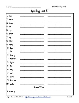 List 5: Word List Spelling Worksheet