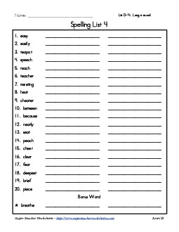 List 4: Word List Spelling Worksheet