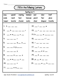 List 4: Missing Letters Spelling Worksheet