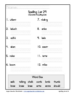 List 29: Word Scramble Spelling Worksheet